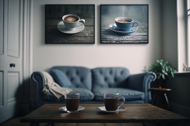 Dwie filiżanki kawy na drewnianym stole w białym wnętrzu Ilustracja AI Generative