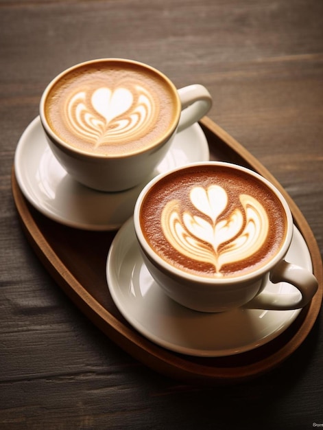 Dwie filiżanki kawy na stole latte art