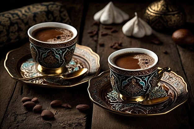 Dwie filiżanki kawy po turecku ze śmietanką i cukrem na boku