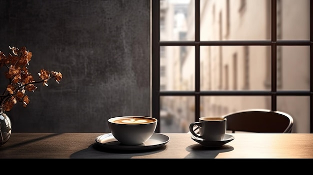 dwie filiżanki kawy siedzące na drewnianym stole przed oknem z wazonem z suszonymi kwiatami