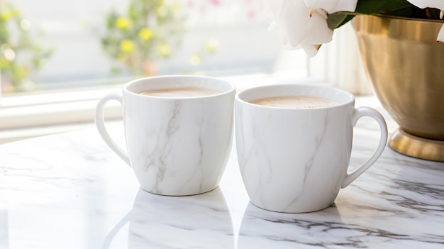dwie filiżanki kawy stoją na marmurowym stole
