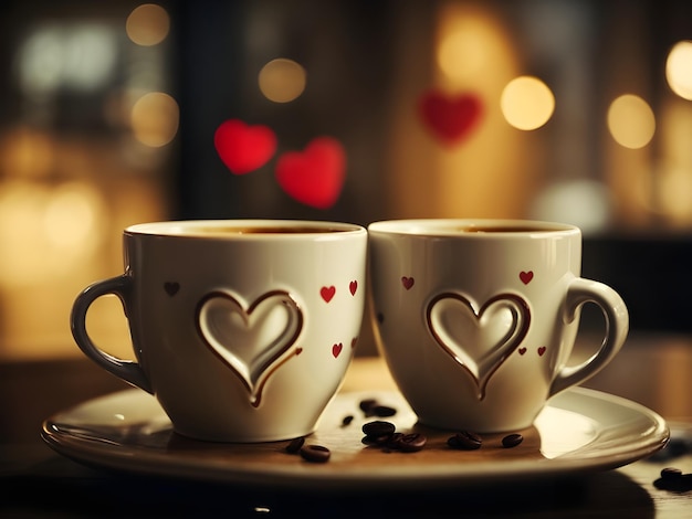 Dwie filiżanki kawy z sercami na tle kawiarni