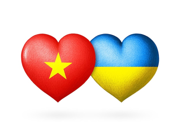 Dwie flagi Flagi Ukrainy i Wietnamu Dwa serca w kolorach flag