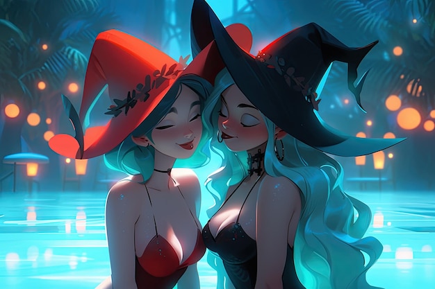 dwie gorące czarownice w bikini całujące się na basenie