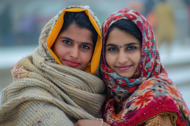 Dwie indyjskie kobiety siedzące w parku w zimowych ubraniach.