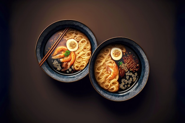 Dwie japońskie miski ramen tonkotsu w ciemnych głębokich talerzach