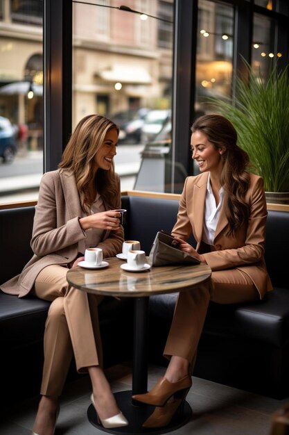 Zdjęcie dwie kobiety biznesu siedzące w kawiarni.