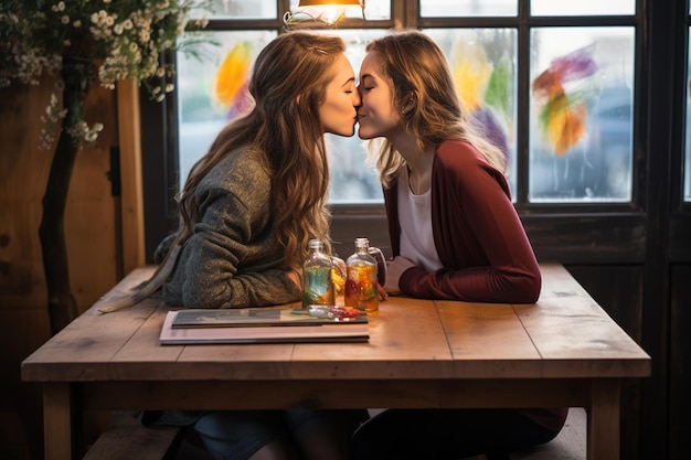 Dwie kobiety całują się przy stole Koncepcja miłości