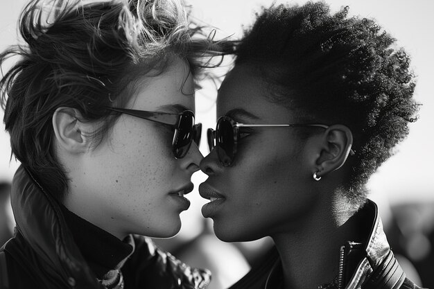 Dwie kobiety całują się w okularach przeciwsłonecznych.