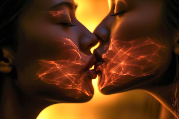 Dwie kobiety całujące się w usta ze światłem grającym w generatywną sztuczną inteligencję