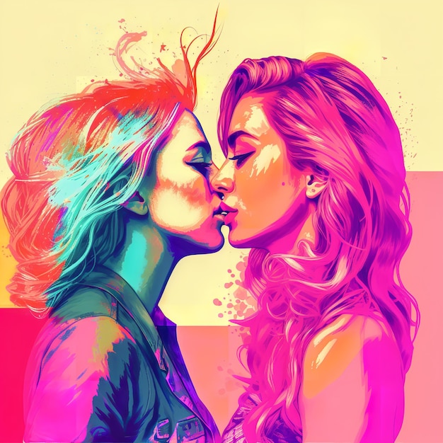 Dwie kobiety całujące się z odrobiną tęczowych kolorów świętujących dzień dumy LGBT