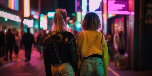 Dwie kobiety idące ulicą miasta w nocy generatywny obraz ai