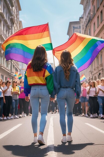 Zdjęcie dwie kobiety na paradzie lgbt z tęczową flagą widok z tyłu ai generowany