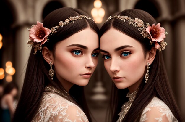 Dwie kobiety o niebieskich oczach i koronie z kwiatów