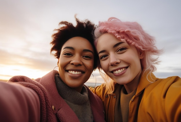 Zdjęcie dwie kobiety pokazują sobie razem selfie.