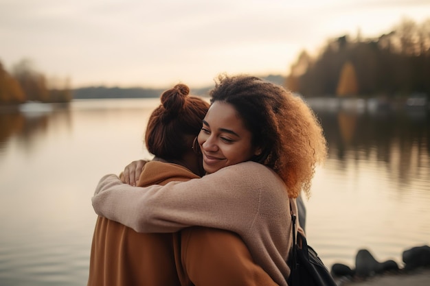 Dwie kobiety przytulające się nad jeziorem