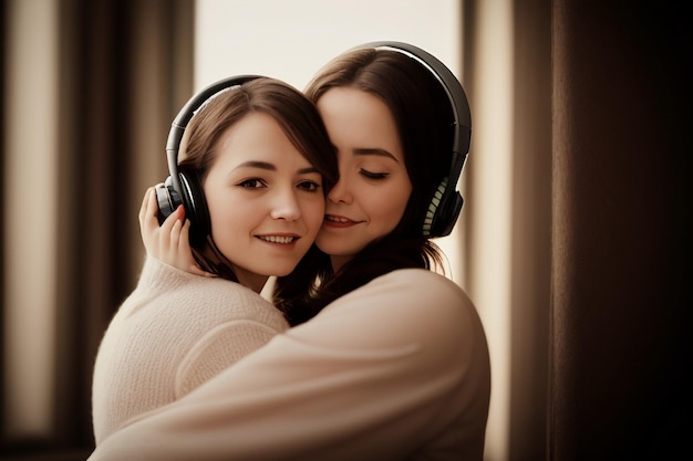 Dwie Kobiety Przytulające Się Ze Słuchawkami Z Boku