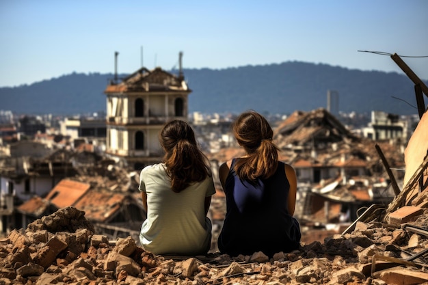 Dwie kobiety siedzą wśród ruin miasta, ocalałe po bombardowaniu lub trzęsieniu ziemi.