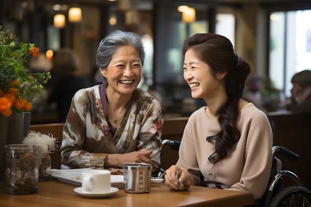 Dwie kobiety siedzące przy stole z filiżankami kawy i uśmiechnięta kobieta.