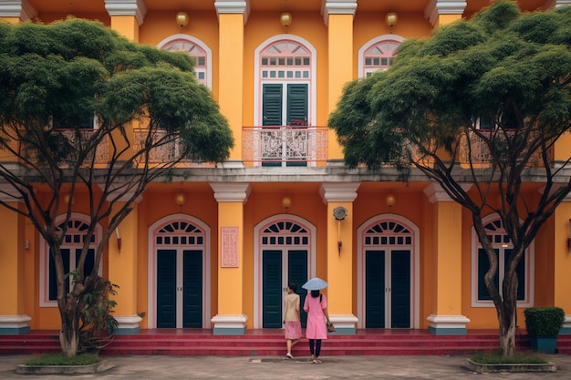 Dwie kobiety stoją przed budynkiem z żółtym budynkiem z niebieskimi drzwiami.