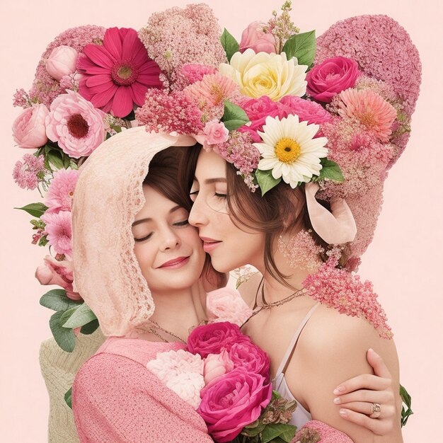 Dwie kobiety uściskają się z kwiatami na sobie.