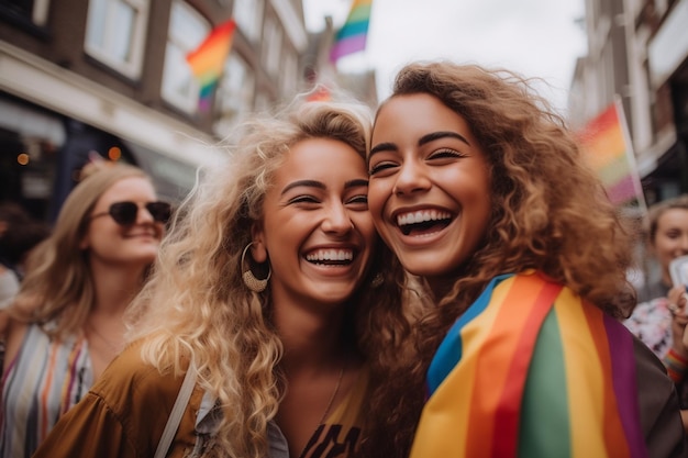 Zdjęcie dwie kobiety uśmiechają się do kamery, nosząc tęczową flagę.