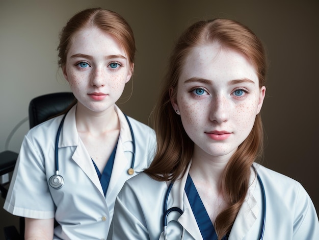Dwie kobiety w białych mundurach ze stetoskopami i napisem „lekarz”.