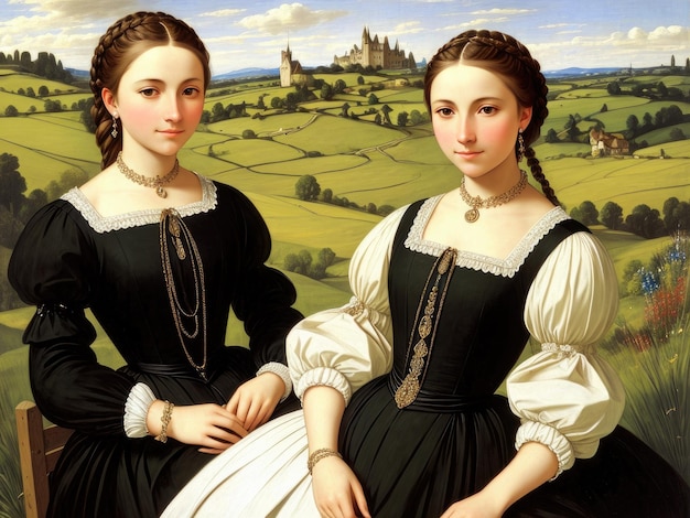 Dwie kobiety w czarnych sukienkach na tle obrazu zamku.