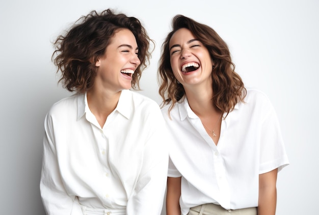 Dwie kobiety w dobrym nastroju, uśmiechnięte, śmiejące się, odświeżone, szczęśliwe, wesołe na białym tle Generatywna AI