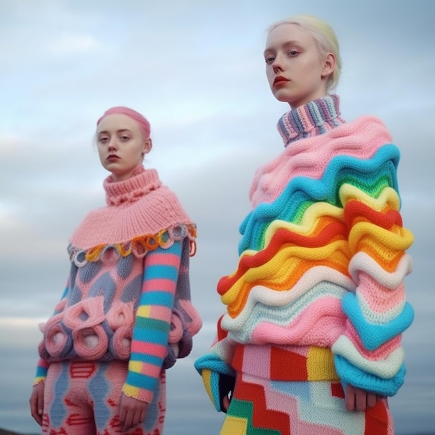 dwie kobiety w kolorowych strojach stoją przed chmurnym niebem.
