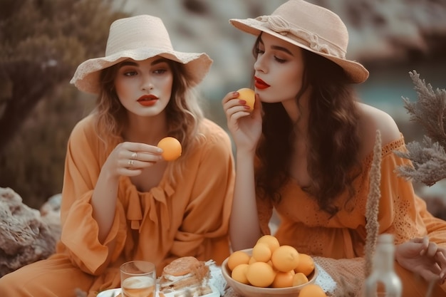 Dwie kobiety w pomarańczowych strojach siedzą przy stole z pomarańczami i miską pomarańczy.