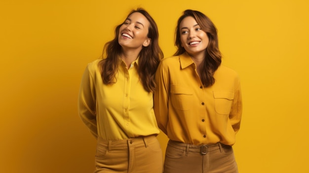 Dwie kobiety w żółtych koszulach stoją przed żółtym tłem.