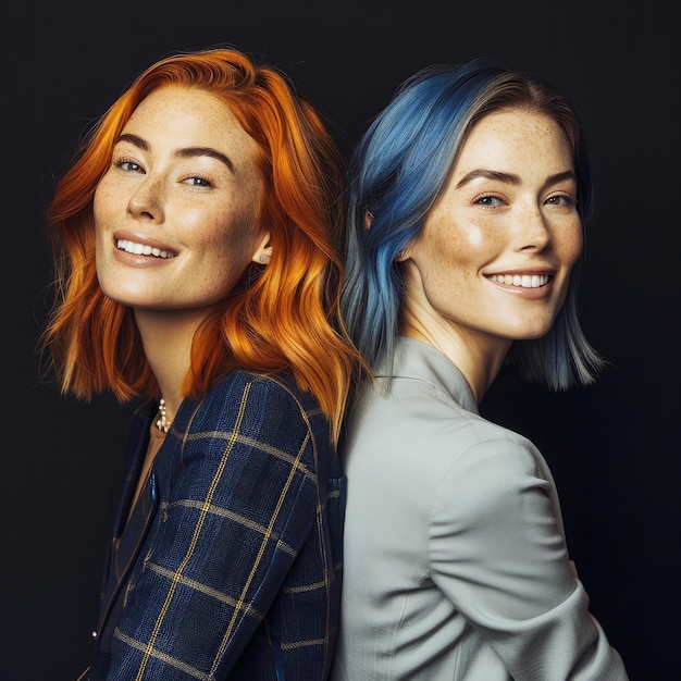 Dwie kobiety z niebieskimi włosami i jedna z niebiesko-czerwonymi włosami.