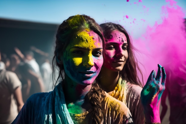 Dwie kobiety z proszkiem holi na twarzach świętują święto holi w mieście vrindavan.