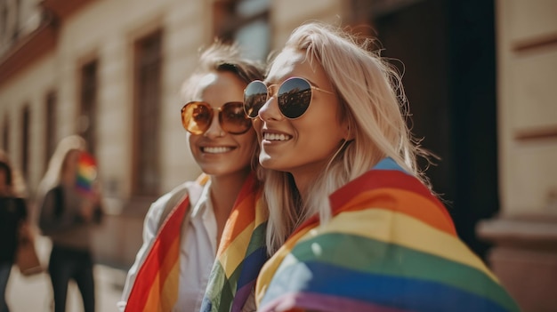 Dwie koleżanki spacerują po mieście, niosąc flagę dumy LGBT i korzystając z generatywnej sztucznej inteligencji