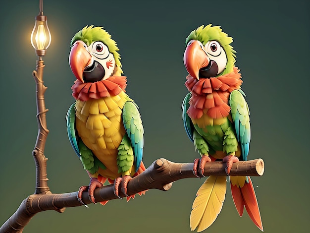 Dwie kolorowe papugi ara siedzące na gałęzi z niewyraźną generatywną sztuczną inteligencją