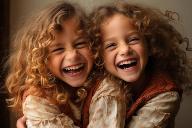 Dwie kręcone siostry bliźniaczki ściskają się i śmieją
