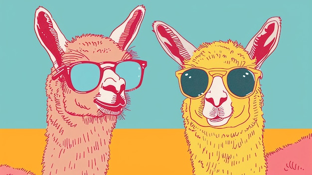 Zdjęcie dwie kreskówkowe lamy w okularach przeciwsłonecznych lama po lewej ma różowe futro i niebieskie okulary przeciwsłońce