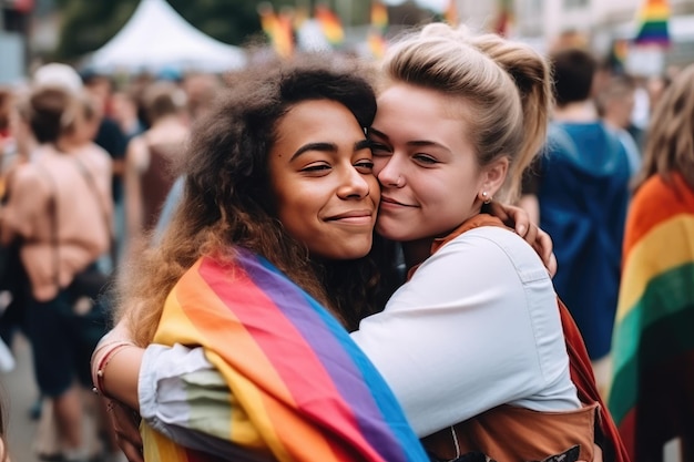 Dwie lesbijskie kochanki uściskające się na paradzie LGBT