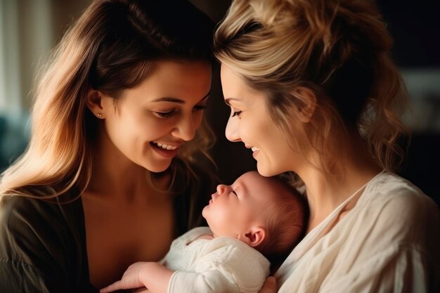 Zdjęcie dwie lesbijskie matki z nowo narodzonym synem.