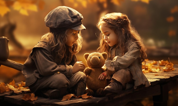 Dwie małe dziewczynki bawiące się z pluszowym niedźwiedziem w jesieni w parku