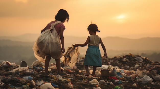 Dwie Małe Dziewczynki Są Na Dużym śmietniku I Pomagają Zbierać śmieci Zagrożenie Dla środowiska