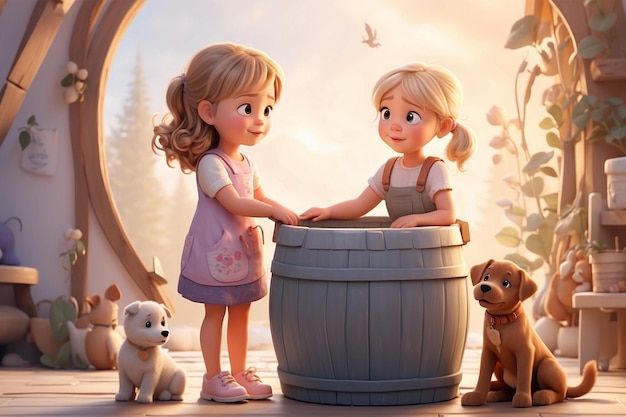 Dwie małe dziewczynki siedzą na drewnianej beczce w pokoju dziecięcym, szczęśliwa dziewczynka z dzieciństwa bawiąca się