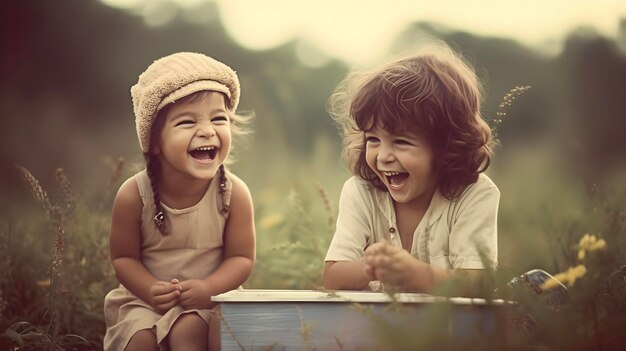 Zdjęcie dwie małe dziewczynki śmiejące się na polu szczęśliwe dzieciństwo koncepcja ai generowana