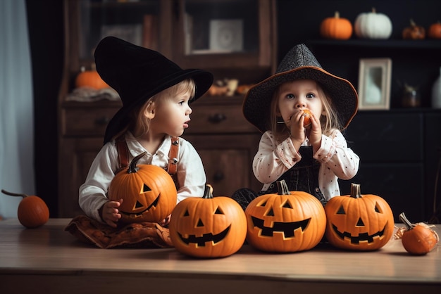 Dwie małe dziewczynki w kostiumach na halloween siedzą w kuchni z dyniami.