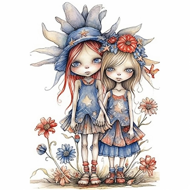 Dwie małe dziewczynki z kwiatami we włosach stojące obok siebie generatywne ai