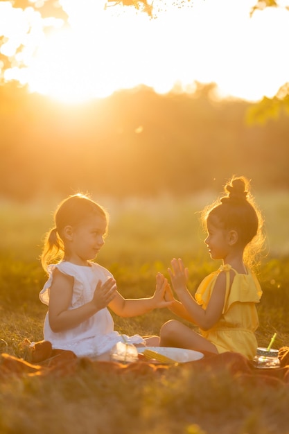 Dwie małe dziewczyny rasy mieszanej grają, rozmawiają i dzielą się sekretami w parku na świeżym powietrzu, siedząc na kocu w ciepły słoneczny letni dzień Spacerując na świeżym powietrzu koncepcja zdrowego stylu życia