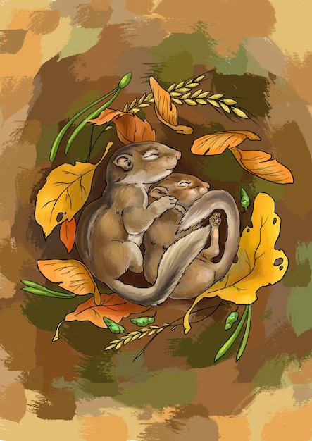 Dwie małe wiewiórki śpią obejmujące jesienne liście Ilustracja cute zabawnych zwierząt