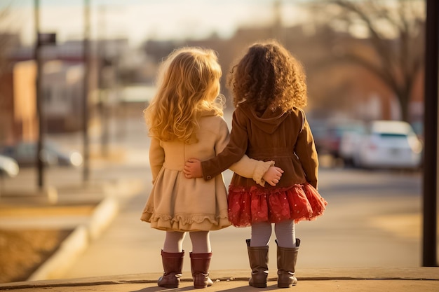 Dwie młode dziewczyny trzymające się za ręce na chodniku, odwracając się od kamery, uchwycając chwilę dziecka.