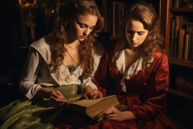 Zdjęcie dwie młode kobiety siedzące obok siebie czytają książkę